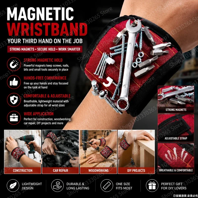Magnetic Wristband Tool Holder, Adjustable Wrist Support with Strong Magnets for Screws, Nails & DIY Work