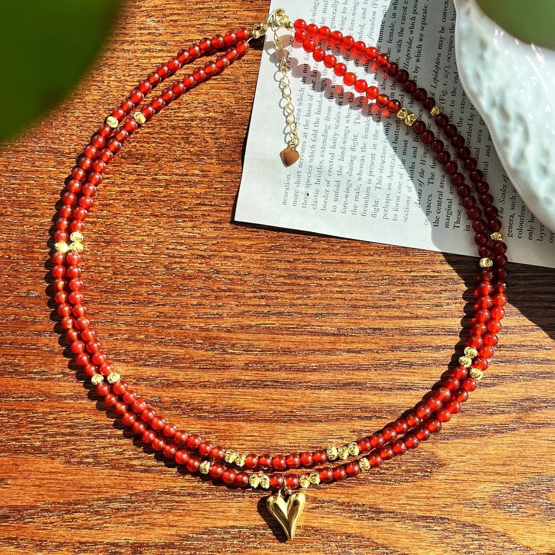 

National style retro design sense natural chalcedony double-layer design sense collarbone chain necklace white stacked ins style