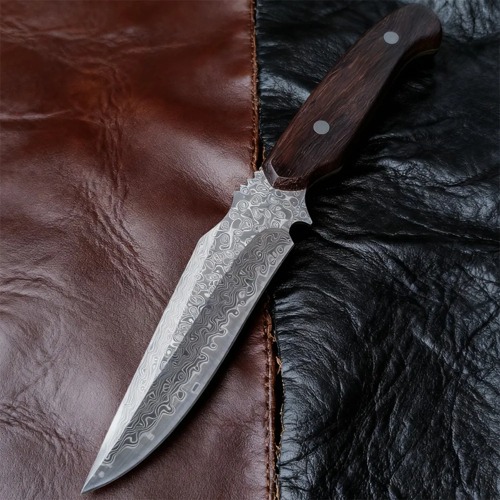 

Damascus Blade Wood Handles Tactical Knife Outdoor Camping EDC Survival Knife Self Defense Handheld Meat Knife for Barbecue