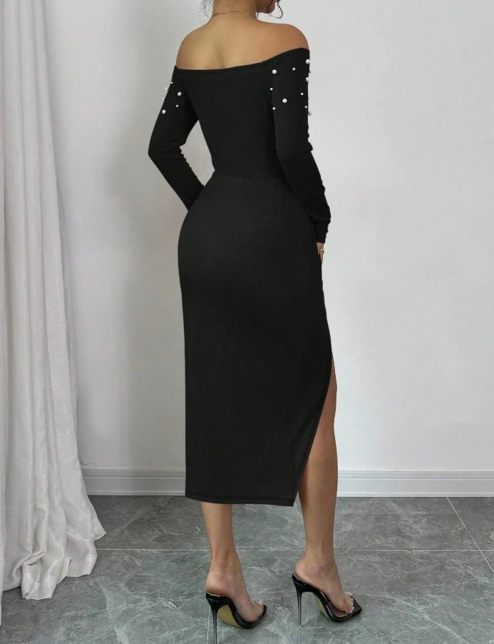 Solid color bubble bead decoration long sleeved slit dress