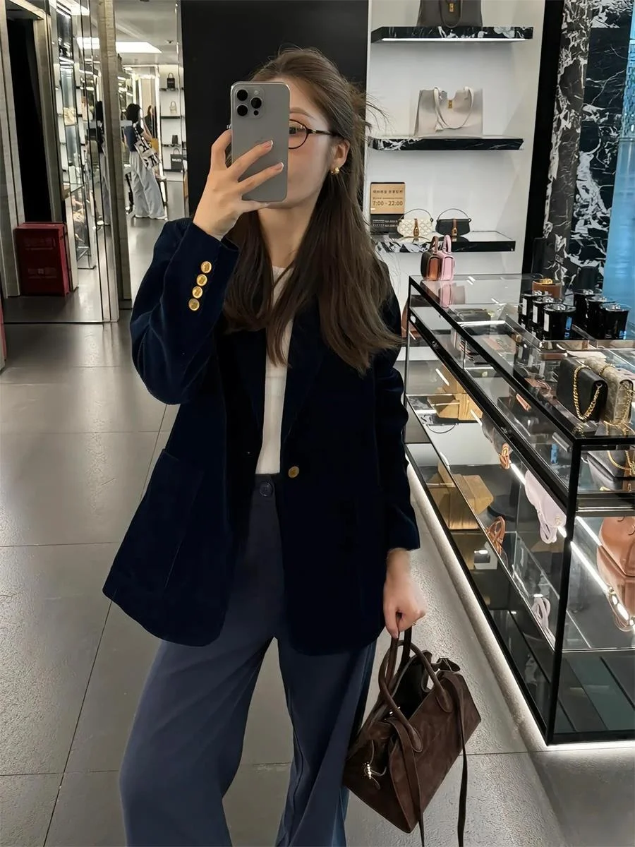 

Темно-синий бархатный женский костюм Jaet, осень-зима, с вертикальной текстурой в полоску, для поездок на работу, из чистого хлопка, повседневная мода