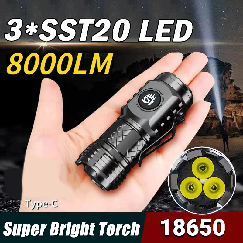 

Powerful 3*SST20 LED Flashlight 18350 Super Bright Portable Torch Lamp Rechargeable Waterproof with CAP CLIP for Hiking Camping