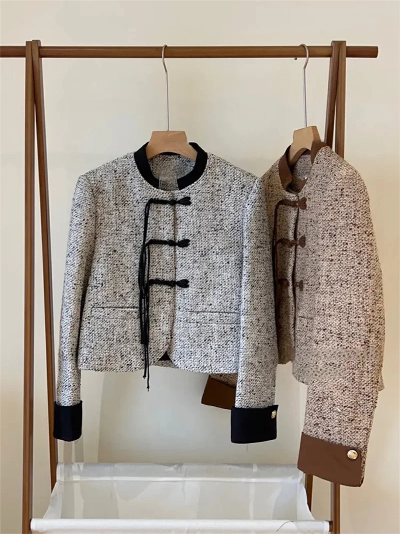 High-End Chinese Style Design Contrasting Color Jacket For Women Autumn French Retro Women's Spring Jackets Coffee Black Coat