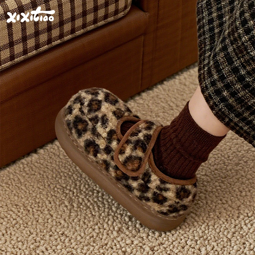 

Korean Style Fleece Lined Mary Jane Boots Women's Casual Cotton Shoes Thick Bottom Bread Shoe Leopard Print Adhesive Shoes