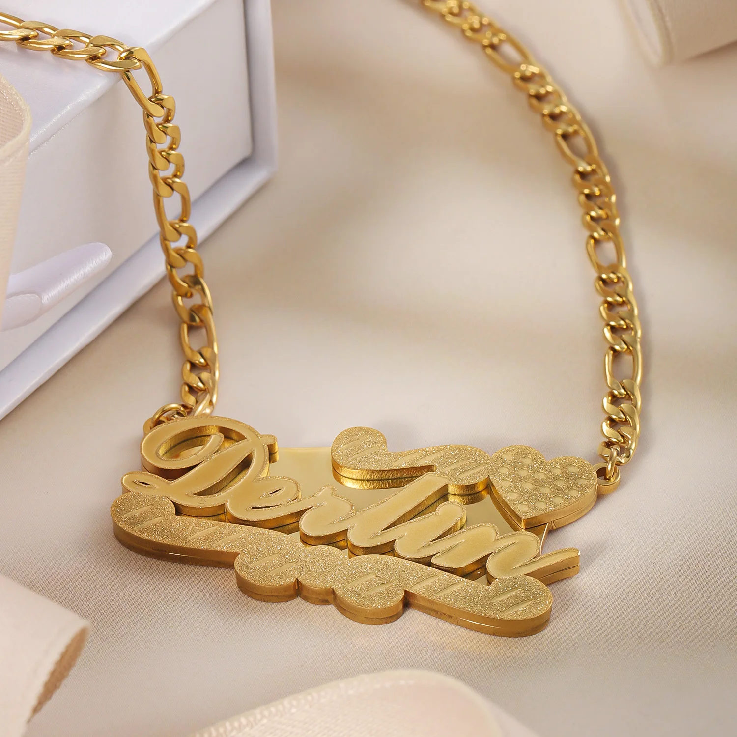 Custom Double Layer Name Necklace 3D Embossed Letter Gold Plated Pendant with Heart Detail Chunky Figaro Chain Hip Hop for Men