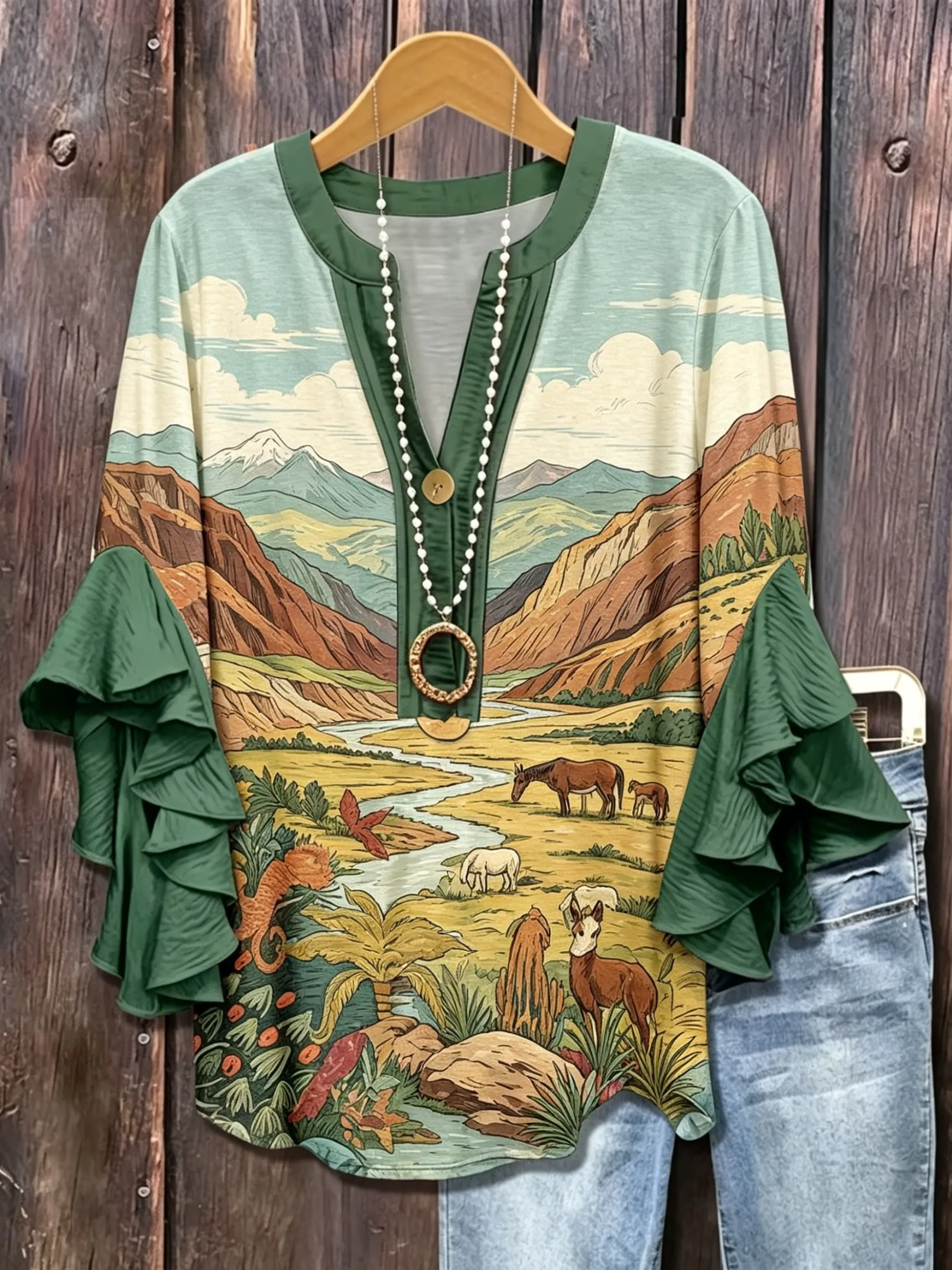 Women's Spring Summer Forest Deer Print V Neck Blouse, Casual Flounce Ruffle Sleeve Boho Top