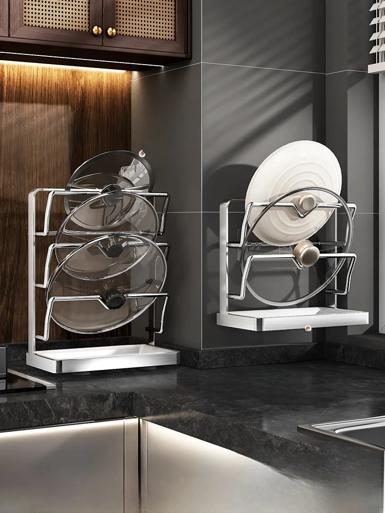 

Thiened Kitchen Pot Cover Holder Wall Mounted Storage Ra No Drilling Required Stainl Steel Utensil Storage Organizer