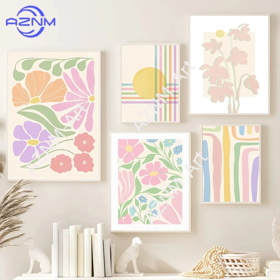 1 Pieza de Arte de Pared con Silueta de Arcoíris y Flores Frescas, Pintura en Lienzo, Póster Nórdico e Impresiones, Cuadros de Pared para Decoración de Sala de Estar