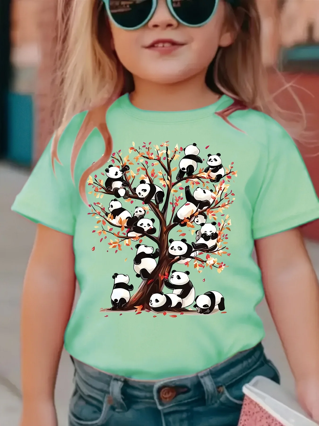 Children's Summer Outfit, Cute Panda Climbing Tree Pattern Printed T-shirt Suitable for Outdoor Activities Parent-child Clothing