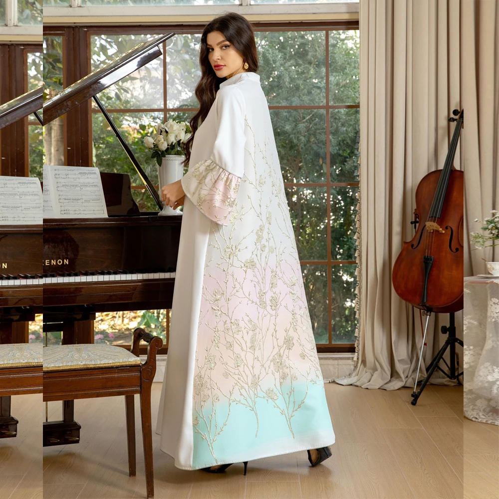 무슬림 여성 자수 옴브레 프린트 긴 원피스 아바야 두바이 터키 카프탄 이슬람 자랄라비야 로브, 파티 가운 아바야스, 2025 신상 패션