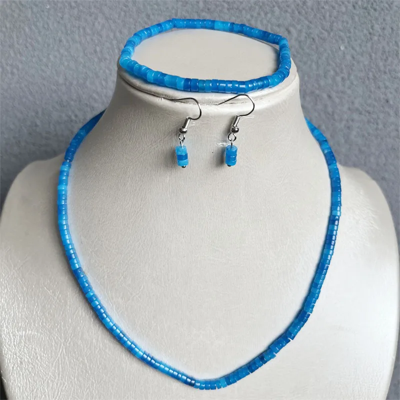 Heishi 2*4MM set perhiasan batu alam giok biru laut manik-manik kalung anting gelang rantai Choker desain trendi pernikahan