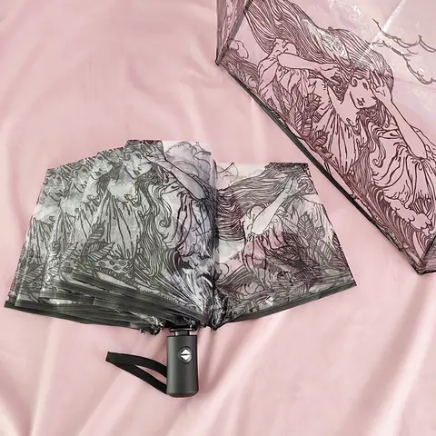 PVC 소재 완전 자동 여신 패턴 투명 우산, 방수 및 방풍, 휴대용 우산, 여행 및 작업복에 적합, 1 개 PVC 소재 완전 자동 여신 패턴 투명 우산, 방수 및 방풍, 휴대용 우산, 여행 및 작업복에 적합, 1 개