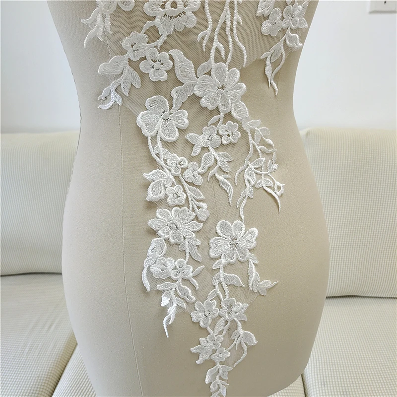 Hochzeitskleid-Kopfschmuck, Rückenbesatz aus Mesh, Stickerei-Pailletten, Blumenstoff-Applikation, DIY Handgemachte Applikation, RS4064, 2 Stück/Paar – Detail 8