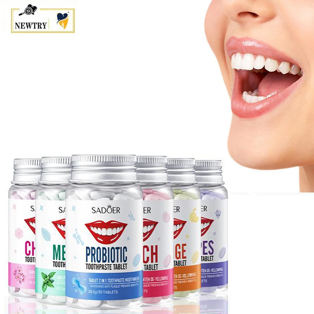 

30Pcs/bottle Portable Solid Toothpaste Chewing Tablets Oral Hygiene Teeth Cleaning Stains Remove Granular Fruit Flavor Mouthwash
