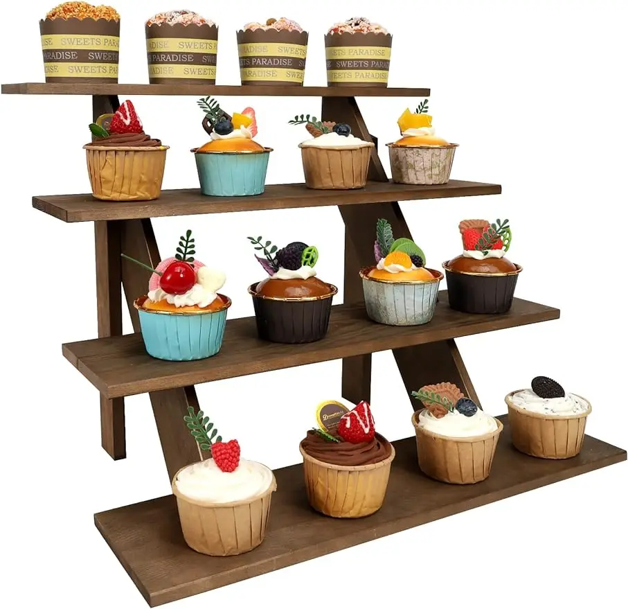 

4-Tier Wooden Retail Display Riser Wooden Display Stand Cupcake Stands Tool Free Rustic Risers Table Display,Brown