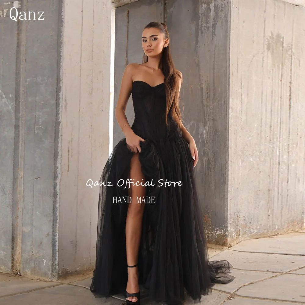 

Qanz Black Tulle Evening Dresses High Side Slit Vestidos De Fiesta Elegantes Sweetheart Long A Line Robes De Soirée Customized