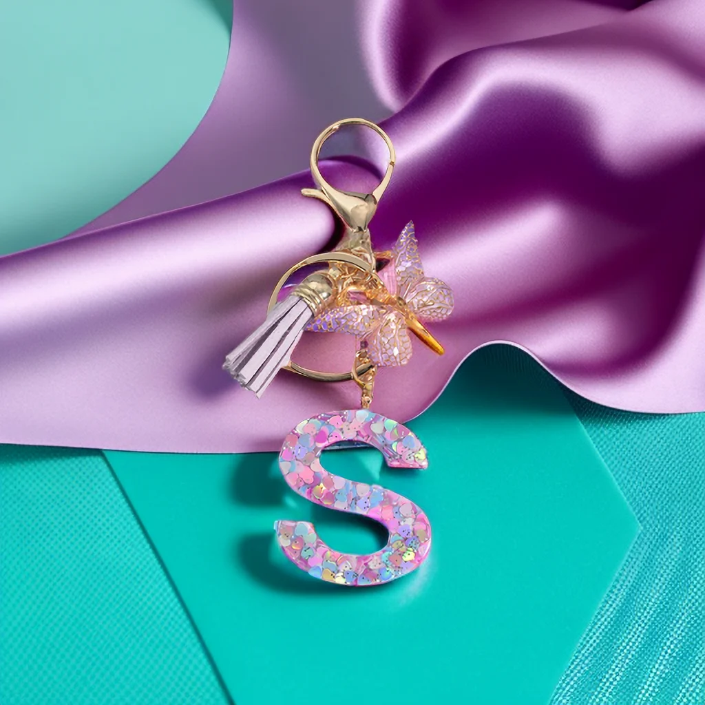 A-Z Dreamy Sequin Letters Keychain for Women Tassel Butterfly Pendant Initial Keyring Purse Suspension Bags Charms Car Key Chain