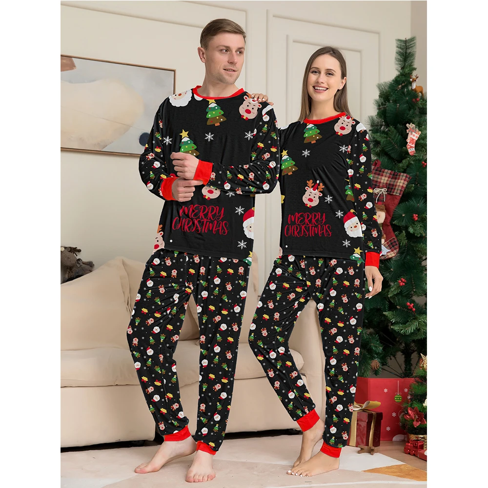 Autumn Winter Christmas Mom Daughter Dad Son Matching Pajamas Kids Women Men Black Print Sleepwear Set Family Look Baby Romper