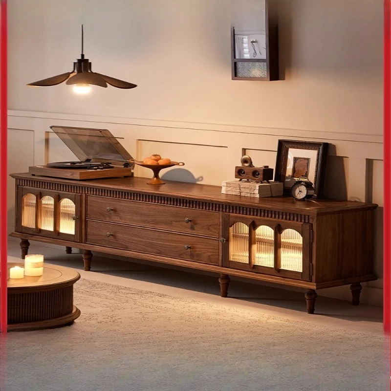 

North American black walnut TV cabinet, coffee table combination, French retro style solid wood floor cabinet