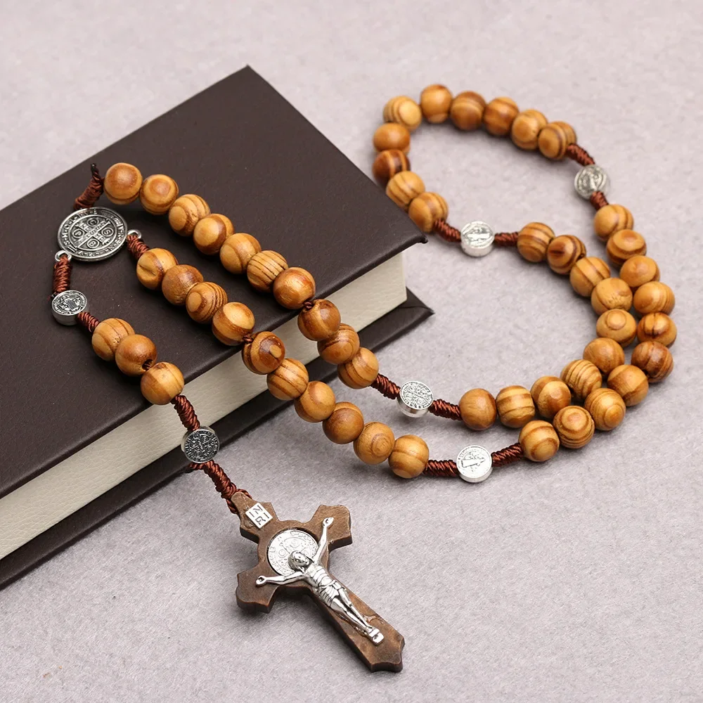 Katholische Holz Perlen Rosenkranz Halsketten Für Frauen Christian INRI Kruzifix Kreuz Anhänger Lange Kette Männer Religion Gebet Schmuck