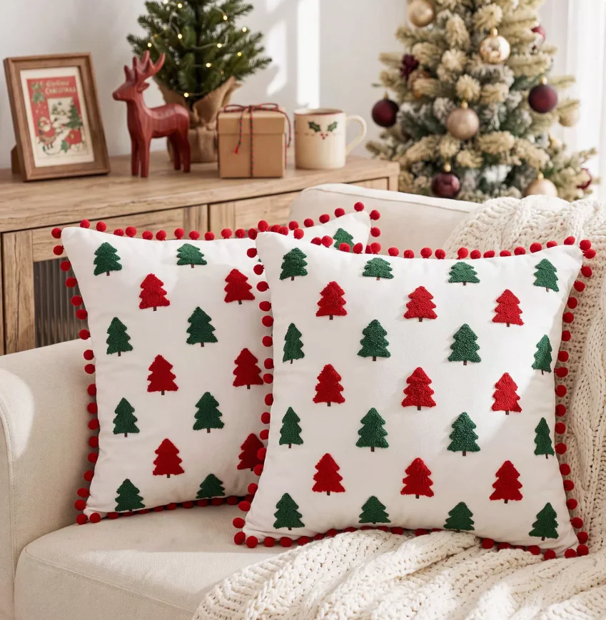 Christmas Tree Pillow Cover, Soft Velvet Embroidery Pillowcase, Pom-pom Tufted Embroidery 3D Sofa Cushion Cover