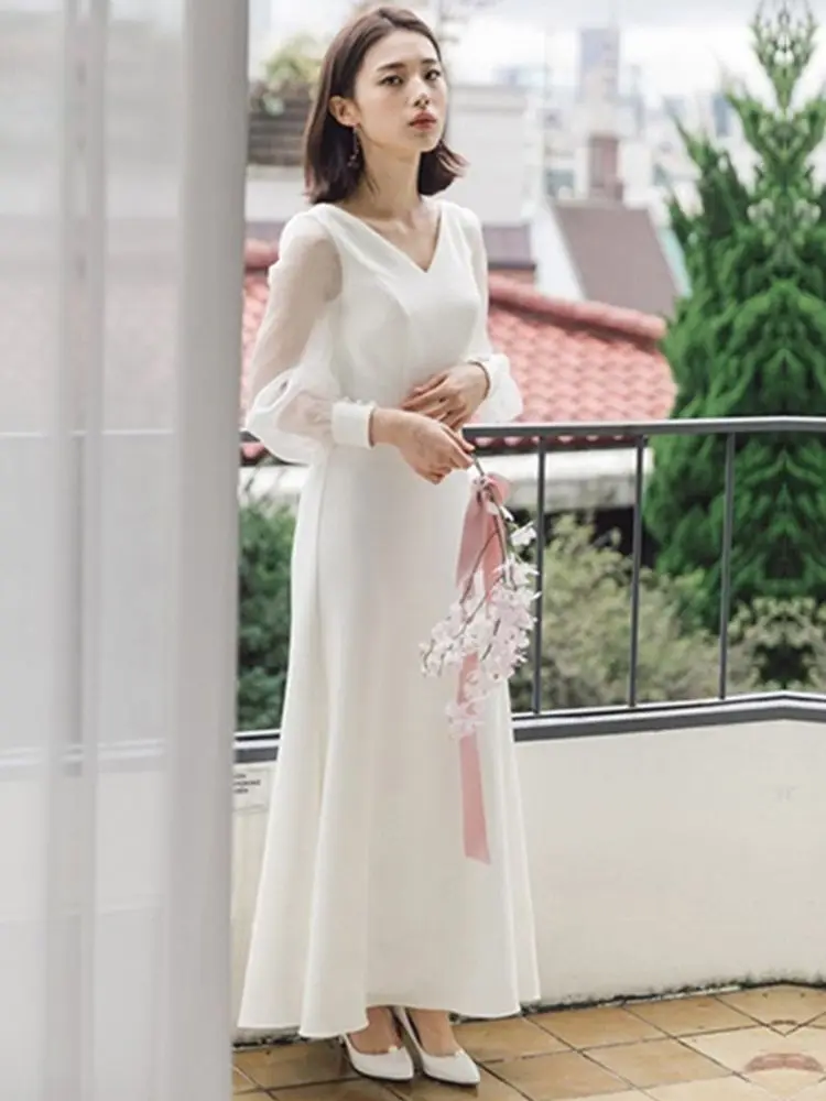 Robe de Mariée Blanche à Manches sulfet Col en V pour Femme, Tenue Formelle Simple et Élégante de Style Français pour Banquet