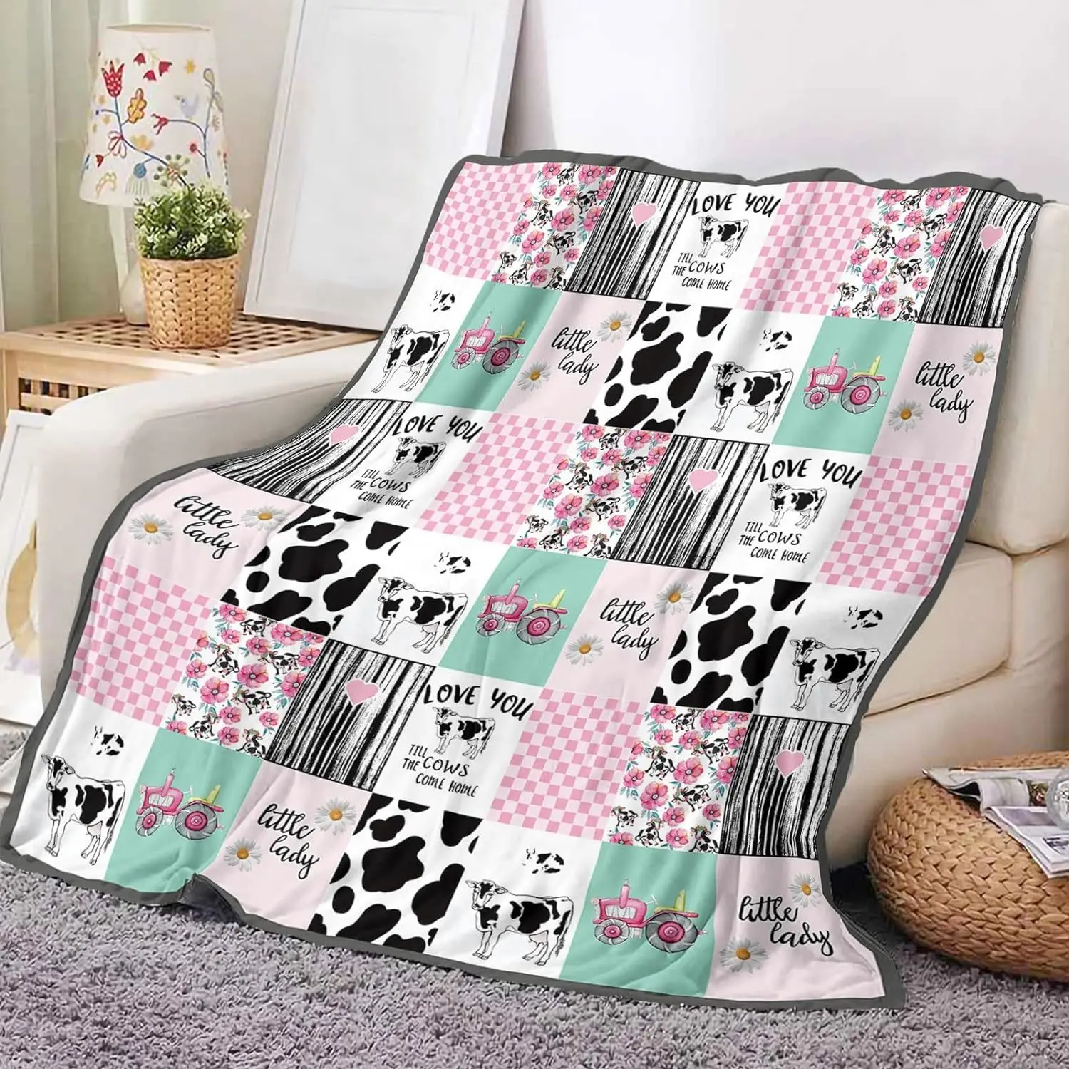 Pink Cow Blanket Cute Farm Animal Cow Print Flower Blanket Cow flange Blanket Christmas Valentine's Day Birthday Gift