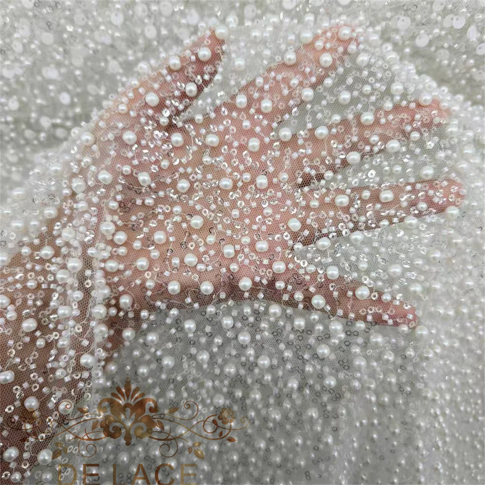 JZQ Luxury High Density Pearl Bridal Lace Fabric Machine  Beaded Wedding Dress Lace for Women's Dresses