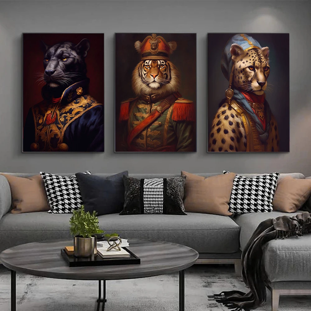 Vintage Lion Swan Zebra Snow Leopard Deer Elephant Animals Wearing Noble Attire Posters Canvas Print Painting for Home Decor