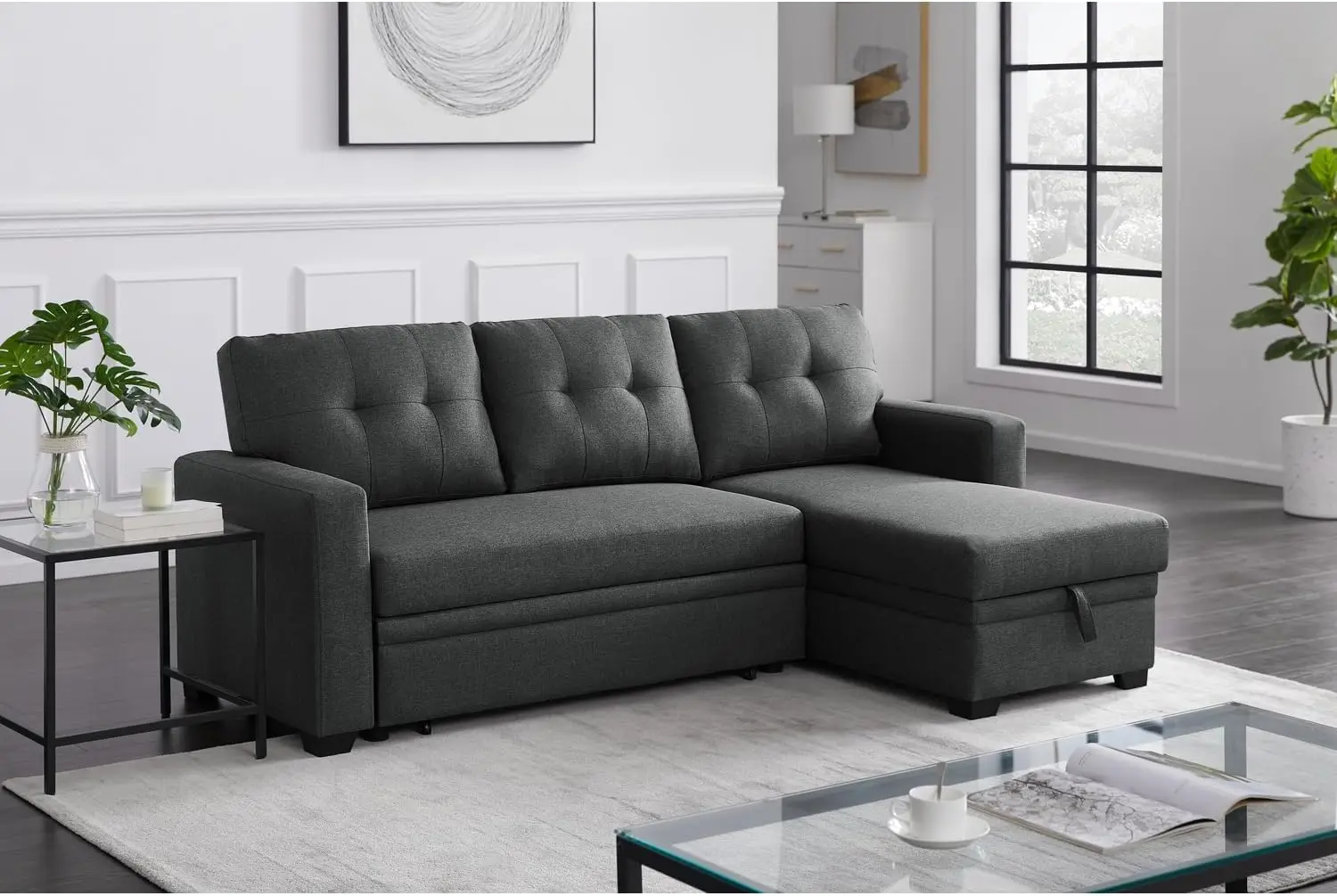 

Devion Furniture L-Shaped Polyester Fabric Reversible, Easy Convertible Pull-Out Sleeper Sectional Sofa, Chaise with Tufted Back