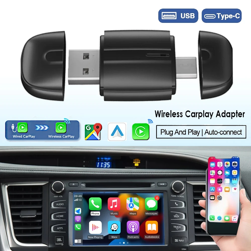 2 в 1 CarPlay и Android Auto Mini Ai Box Беспроводной адаптер Carplay Проводной к беспроводному Bluetooth WiFi Подключение типа C Plug and Play