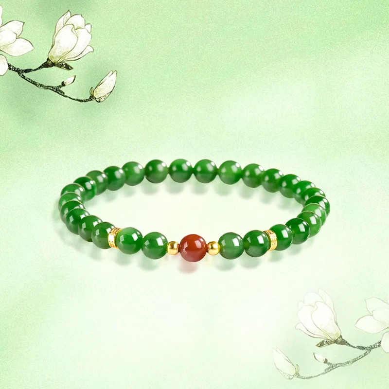 

Natural Old Material Hetian Jadeite Round Beads Bracelet, Ancient Style Lucky Healing Women