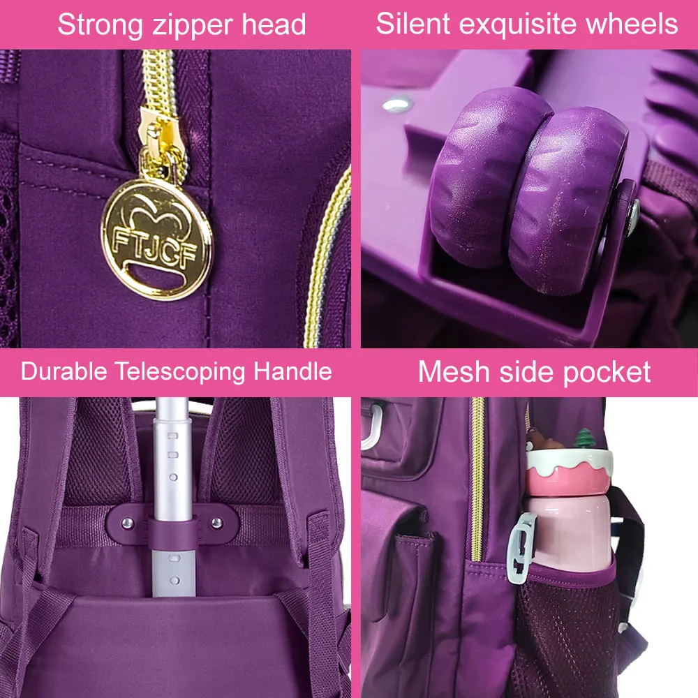 3Pcs Purple Wheeled Backpack Set Kids Trolley School Bag with Lunch Box & Pencil Case