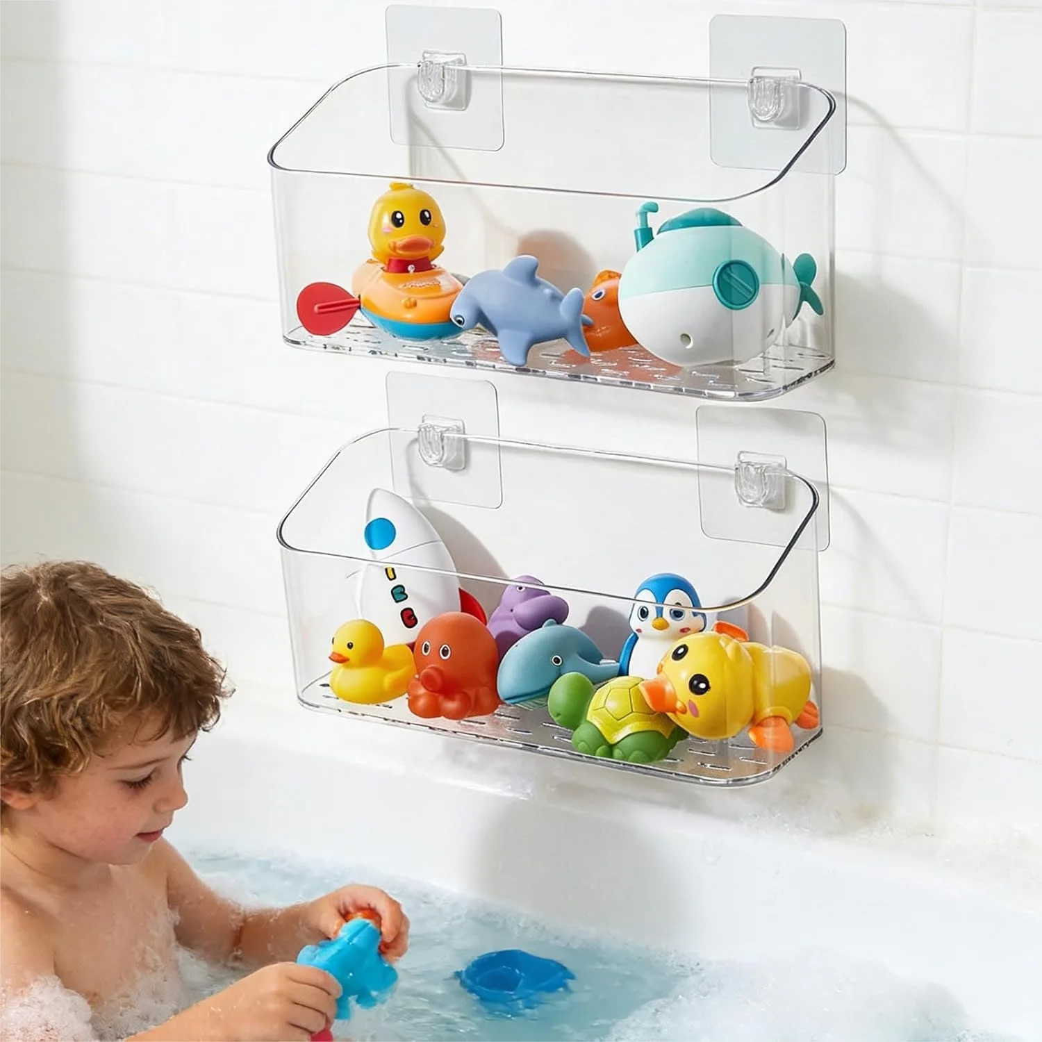 

Bath Toy Storage Organizer, Large Capacity Wall Mounted Shower Caddy with Adhesive, No Drill Shelves Basket for Bathroom, Clear
