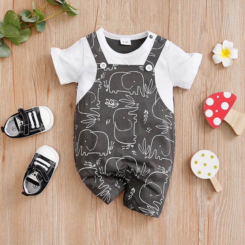 0-18 Baby Bodysuit Cute Backstraps Elephant Cotton Casual Comfortable Soft Boys And Girls Summer Short Sleeved Newborn Clothes