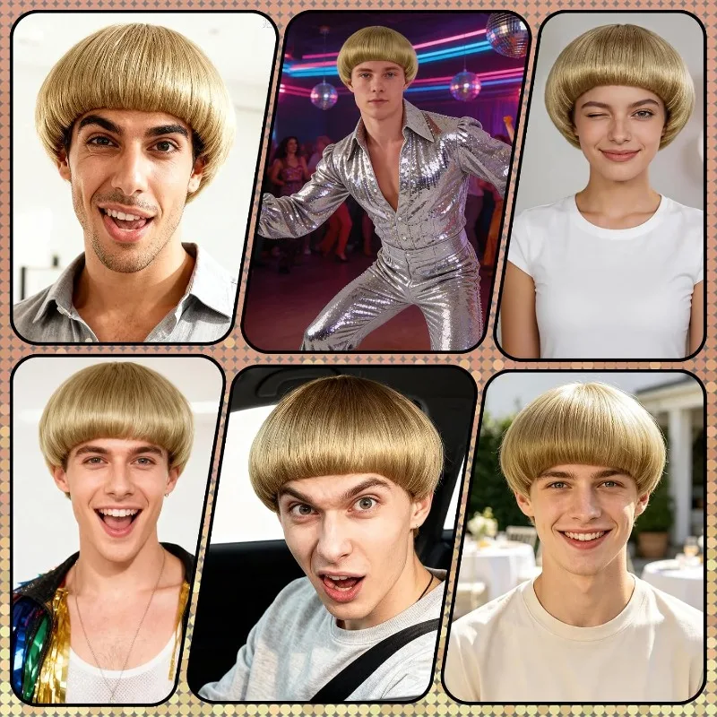 Short Blonde Bowl Cut Wig Blonde Mushroom Wigs Mens Bob Wig for Men Outfit 60s 70s Blond Bob Hair With Bangs Halloween Party view 5