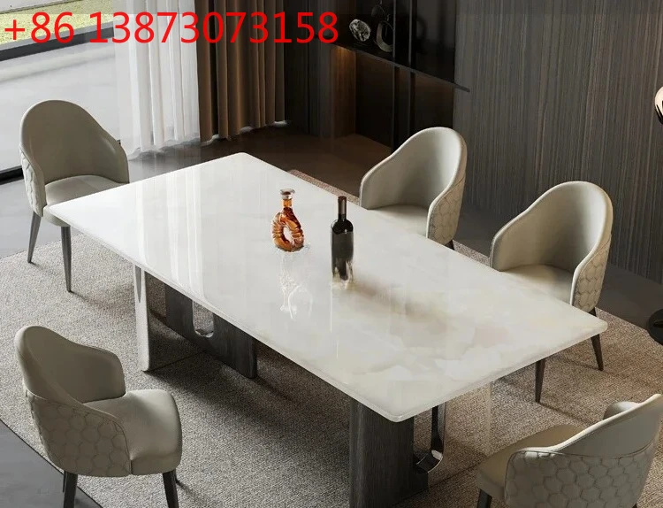 

White ice jade pure natural luxury stone dining table modern simple high-end marble rectangle