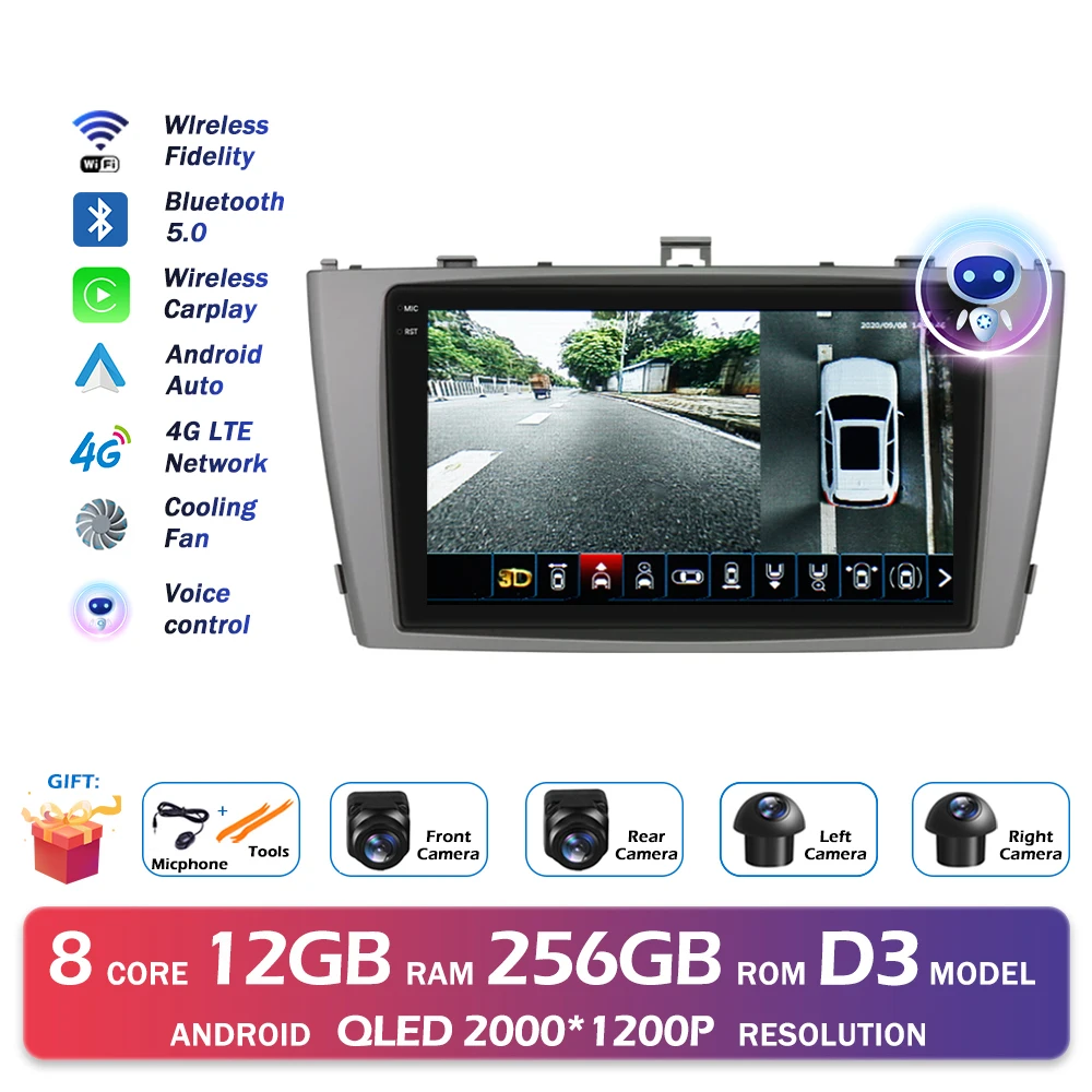 Android 16 QLED 2000*1200 P Voor Toyota Avensis T27 2008-2015 GPS Navigatie Multimedia Speler Auto draadloze CarPlay WIFI 4G