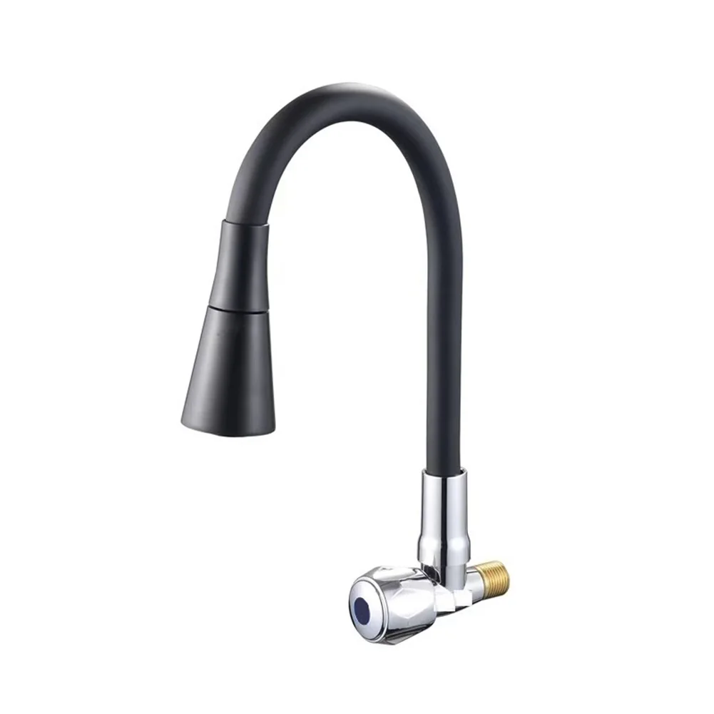 Wall Mount Black Kitchen Faucet Zinc Alloy Construction 360 Degree Swivel Dual Water Flow Porcelain Valve G1/2