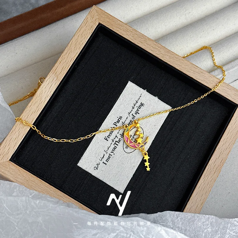 الرجعية ستار القمر قلادة 9999 24K الذهب الحقيقي مزاجه لطيف ضوء الفاخرة المينا اللون الرائعة غالاكسي سلسلة الترقوة