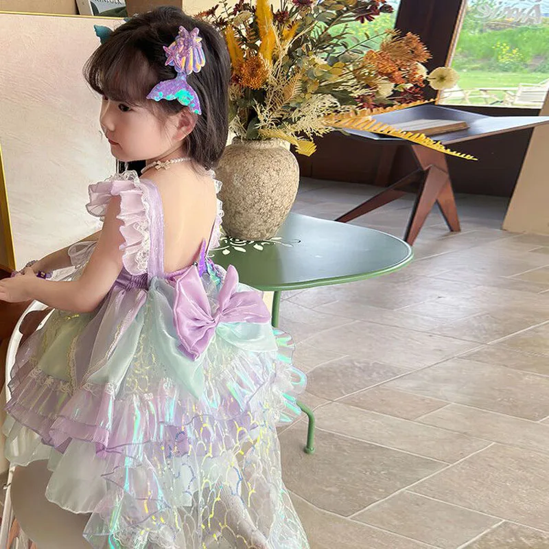 Summer Backless Lolita Ball Gown Dress Girls Kids Sets Princess Shiny Dress Birthday Party Childrens Gauze Clothing Bow Sundress
