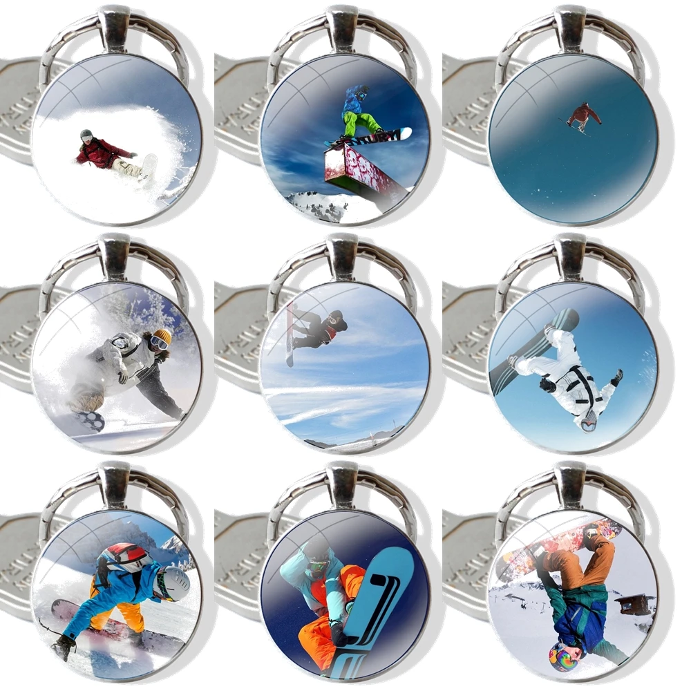 Snow Or Die Ski Snowboard Keychain Handmade Glass Cabochon Key Ring Holder Pendant Key Chains