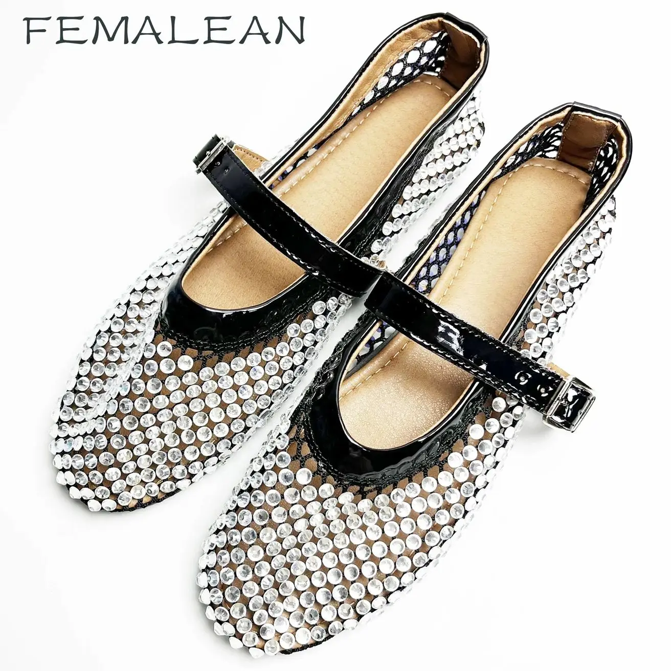 Big Size 43 Diamond Ballet Shoes Mesh Black Spring Summer Breathable Mary Jane Flats 2024 Shoes For Women