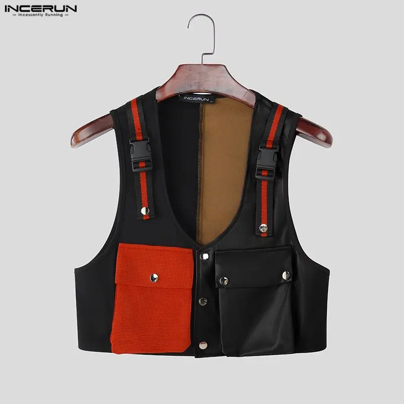 

INCERUN Men Vests Patchwork Color-block V Neck Sleeveless Male Waistcoats Streetwear Pockets Fashion Casual Men Crop Vests S-3XL