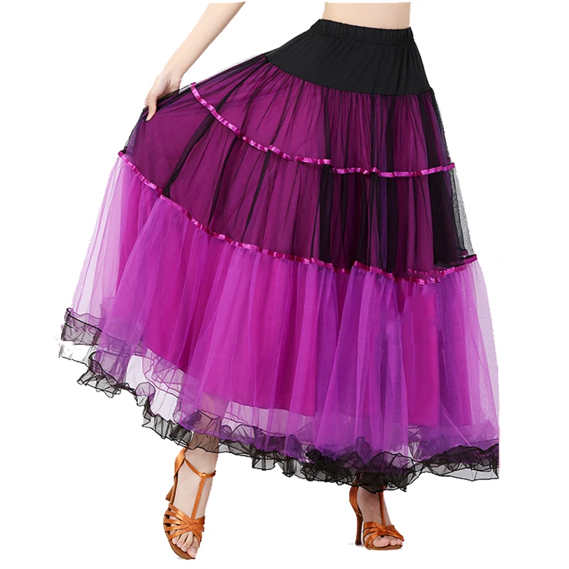 A dança moderna das mulheres dança de salão de baile roupas completo circel dança gaze saia longa 3 camadas retalhos multicolors tutu com plissado