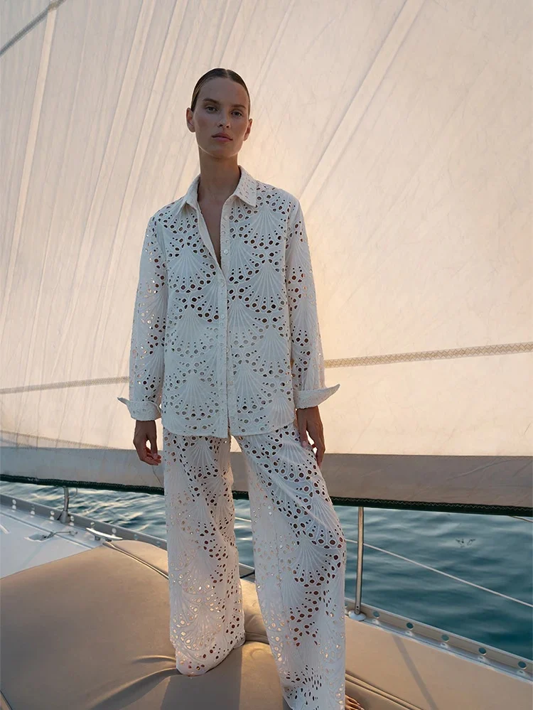 

Women Embroidery Hollow Out Set Single Breasted Turn-down Collar Long Sleeve Shirt + Elastic Waist Wide Leg Pants Loose Suits