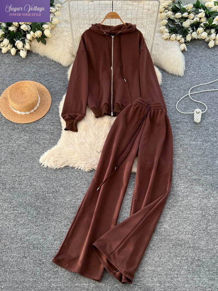 Casual Cozy Zip-Up Hoodie Sweat Set Women Autumn Loose Fit Hooded Jacket + High-Waist Wide-Leg Pants Comfy Sporty Solid Outfit