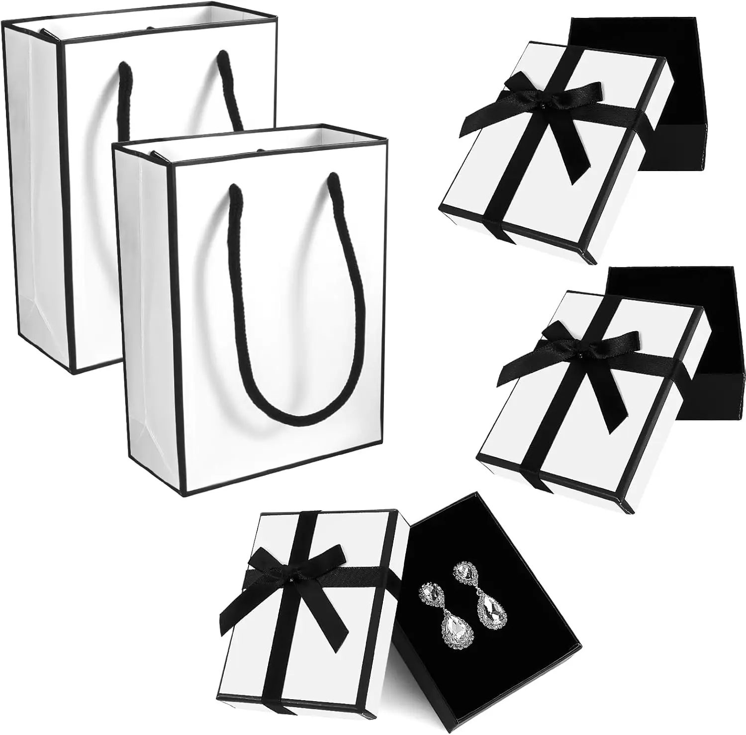 

2Pcs White Small Gift Box and 2Pcs Small Gift Bag with Black Ribbons,Jewellery Gift Box for Bracelets, Earrings, Rings, Bangles,