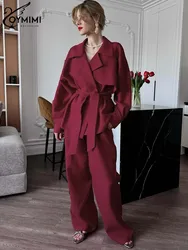 Oymimi Fashion Red Cotton Sets For Women 2 Pieces Elegant Lapel Long Sleeve Lace-Up Shirts And Straight Simple Trousers Sets