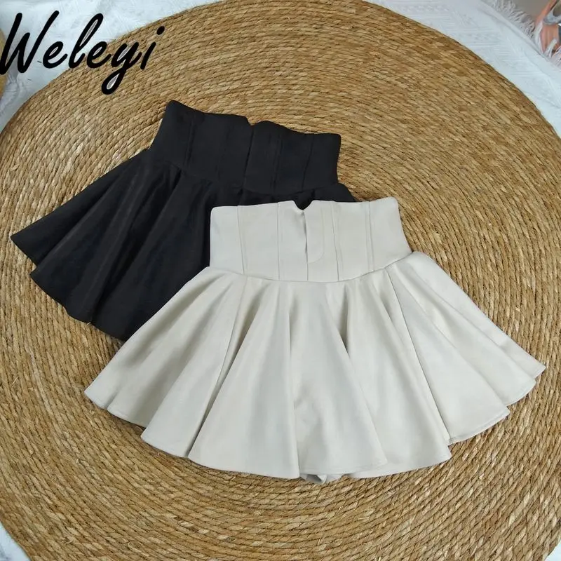 

Female Sweet Fish Bone Lotus Leaf Edge Pleated Skirts Autumn Cute Versatile New High Waist Fluffy Anti Light A Line Shorts Skirt